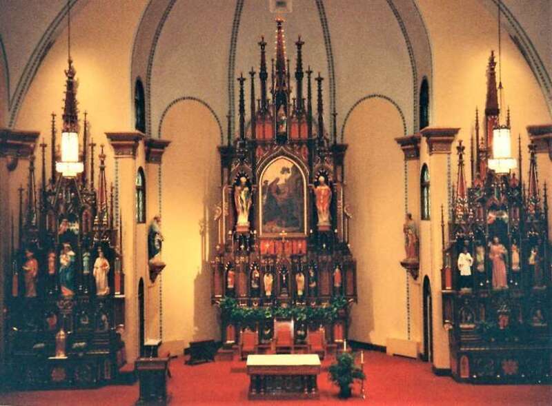 Interior of St. Mary's Catholic Church in Iowa City, Iowa from behind the rectory. This is a scan of a photograph taken in 1992.