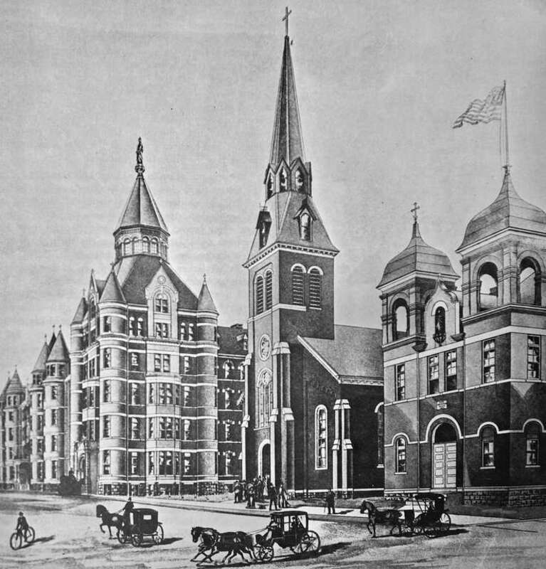 From left to right, as seen in Lackawanna, New York in 1896: the school and church of St. Patrick's Roman Catholic parish, and St. John's Protectory for wayward and destitute boys. These institutions would eventually be consolidated, expanded, and