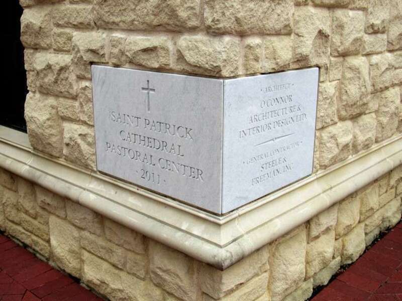 The cornestone on the Pastoral Center at St. Patrick Cathedral in downtown Fort Worth, Texas.