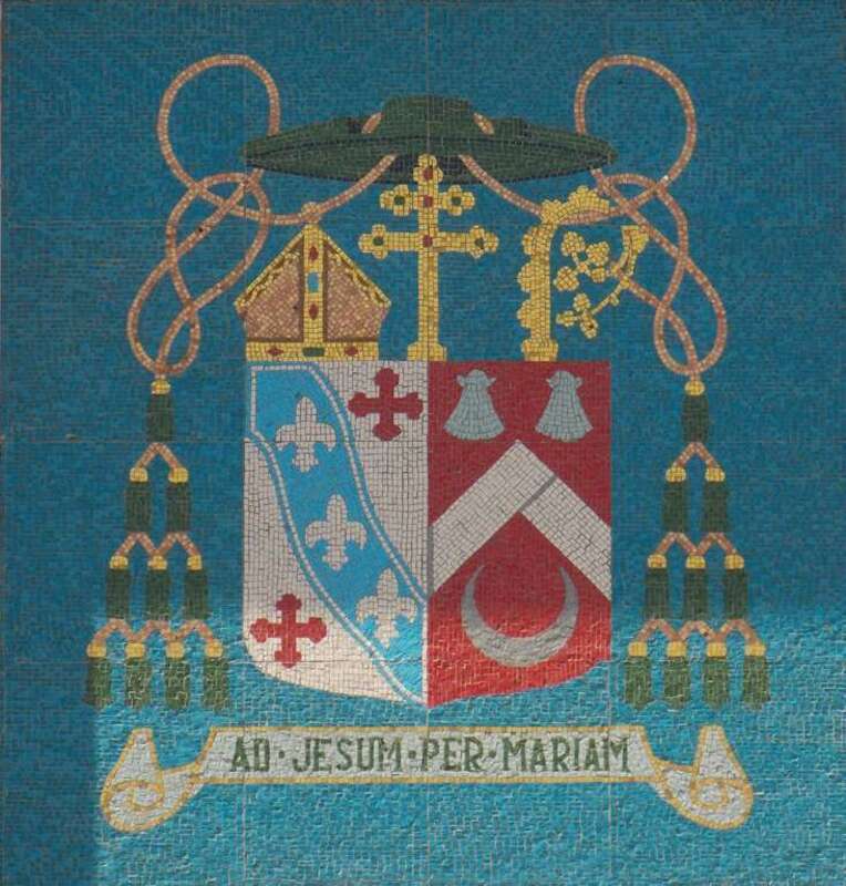 Archbishop James Byrne's coat of arms above the main entrance into St. Raphael's Cathedral in Dubuque, Iowa.