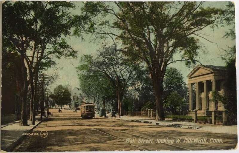 Divided back postcard of a streetcar on Wall Street, Norwalk, Connecticut, postmarked 1911