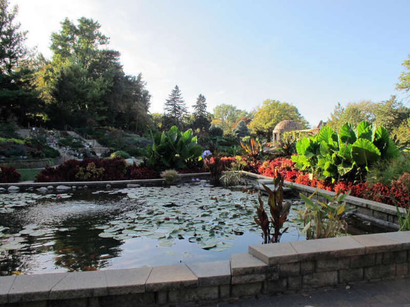 Photo of the Sunken Gardens; taken from within the garden, in Lincoln, Nebraska.  Photo taken from near the southeast pool, looking west-northwest.  The cascades can be seen in the center-left and the Rotary Pavilion in the right-of-center portion of