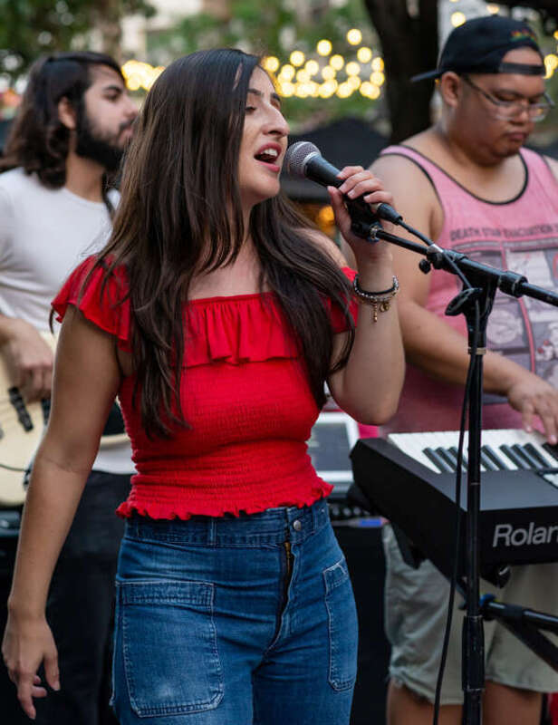 Sylvia Bosco performing live at The Americana At Brand in Glendale, Los Angeles, California, on Thursday, August 16, 2018.