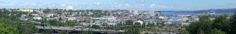A view of downtown Tacoma, Washington from the south taken from the E 34th St bridge. This is a panorama stitched from two photos in Hugin.