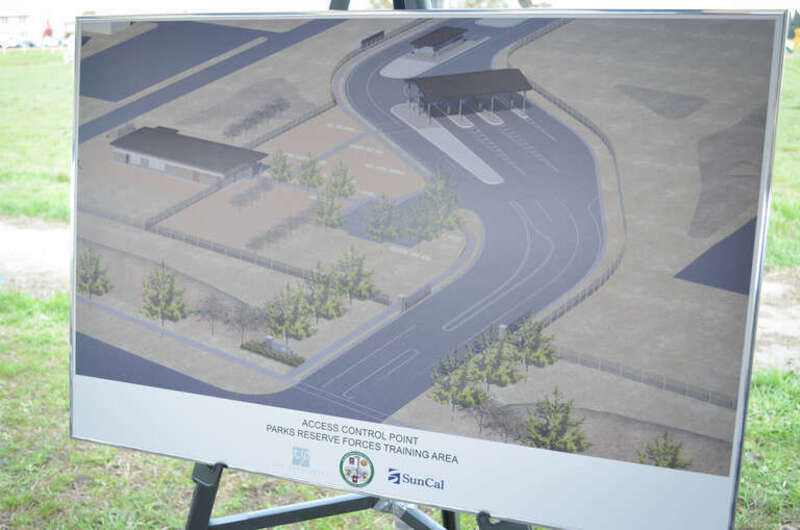 An artist's rendering conceptualizes the new access control point for the U.S. Army Garrison Camp Parks Reserve Training center in Dublin, Calif., The access control point will include a modernized main gate; a 4,300-square-foot administration/police