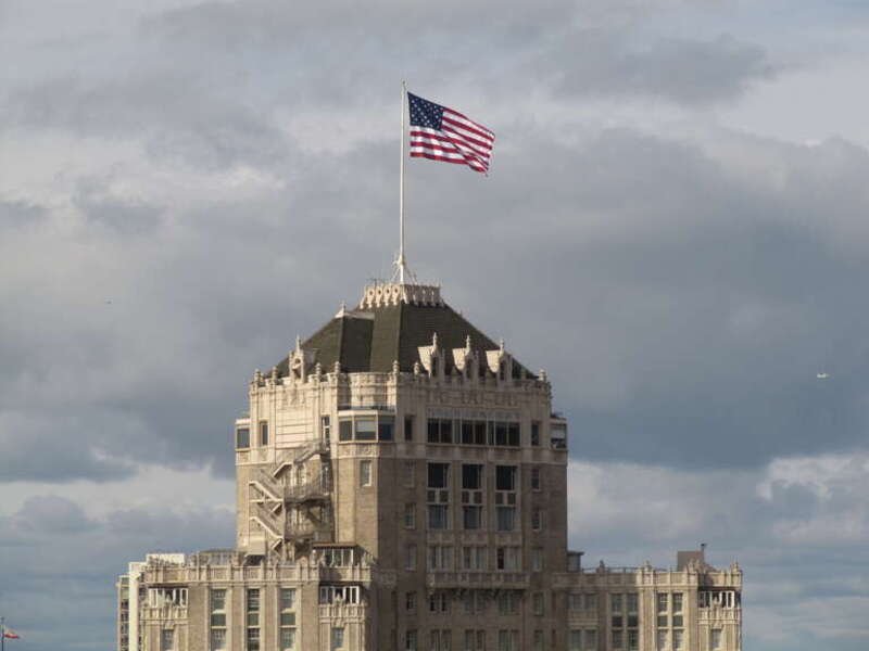 San Francisco Mark Hopkins Hotel as seen from the North Side of the 38th floor of the St. Francis Hotel.