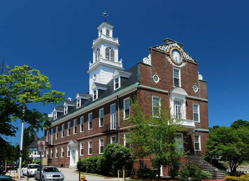 Town Hall, Weymouth, Massachusetts, built in 1928 as a replica of the Old State House, Boston.