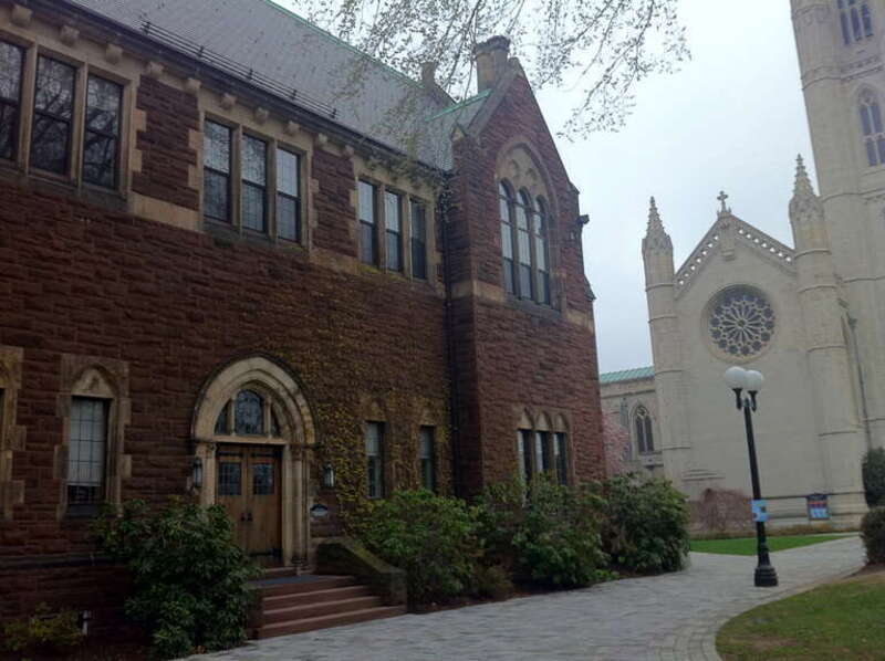 The President's office with the chapel rose window in the background.