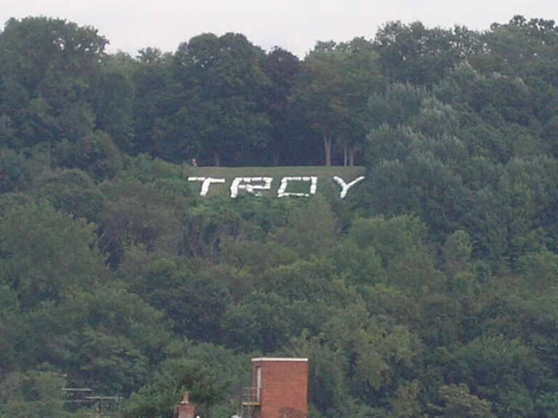 &quot;Troy&quot; spelled out in large, white, stone blocks in Prospect Park in Troy, New York