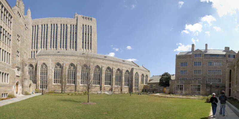 Trumbull College Main Courtyard, with the southern wall of Sterling Memorial Library.