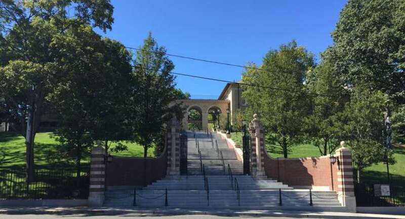 Tufts Memorial Steps looking up from College Avenue