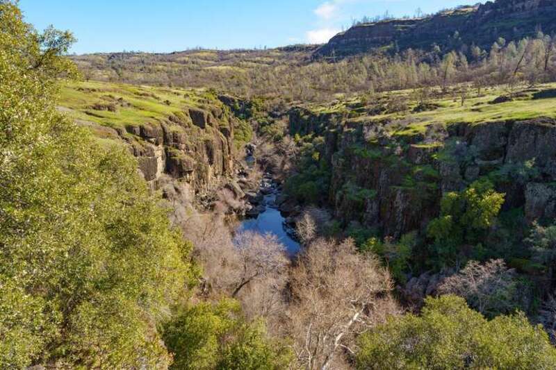View of Big Chico Creek in Upper Bidwell Park. Chico, California, February 2021