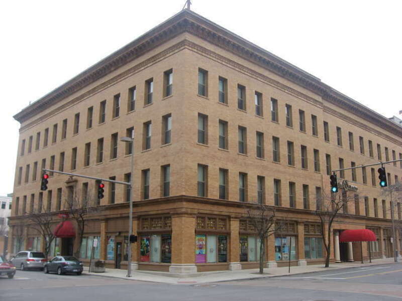 Front and eastern side of the Valentine Theater Building, located at 402-412 Adams Street and 405-419 St. Clair Street in downtown Toledo, Ohio, United States.  Built in 1892, it is listed on the National Register of Historic Places.