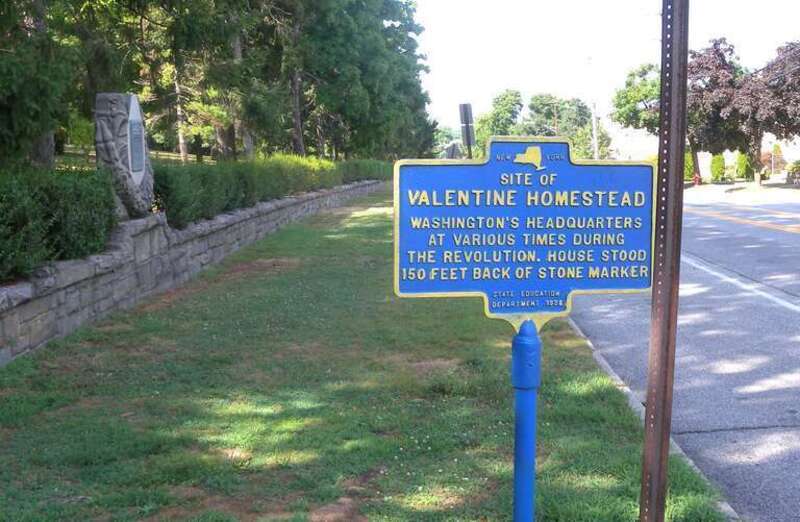 Looking northeast along Seminary Avenue at NY State marker for Valentine House on a cloudy early afternoon.  See File:Valentine Yonkers stone marker jeh.jpg for stone marker seen here in background.