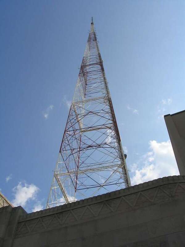 The 843 ft tall television tower (1049 feet height above sea-level) built in 1953 for WTVR, in Richmond, Virginia.