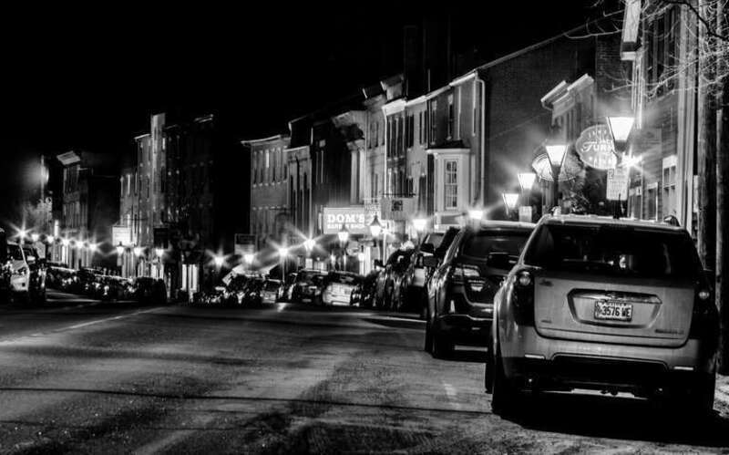 This night photo is of a section of the busy thoroughfare through Hallowell, Maine.  This small town has a lively evening scene mostly on this street with a number of restaurants.