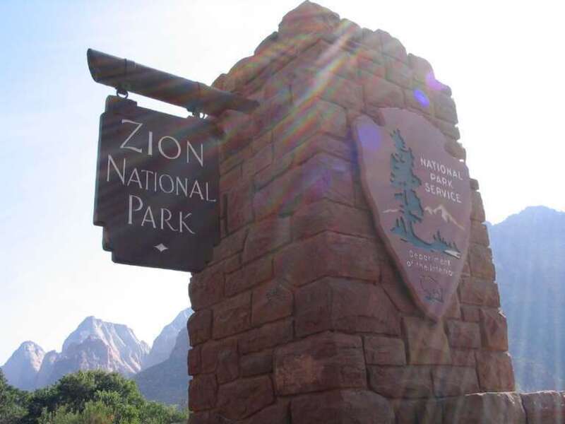 Entrance to Zion National Park. The picture doesn't show the 15-20 minute line of cars waiting to get into the park.
Zion National Park is located in the Southwestern United States, near Springdale, Utah. A prominent feature of the 229-square-mile