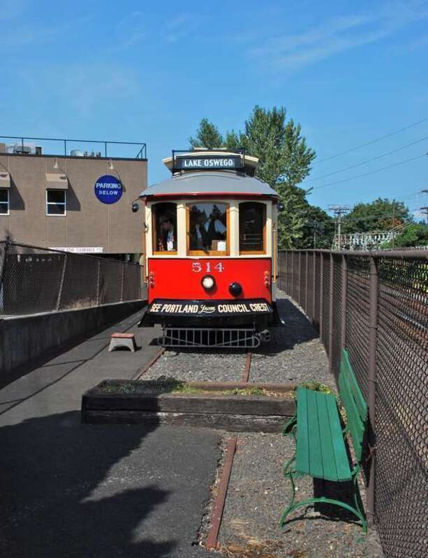 Willamette Shore Trolley car No. 514 having just arrived at the Lake Oswego terminus, on August 16, 2014, the first day of service for this type of streetcar on the Willamette Shore line. Car 514 is a 1991-built replica of a Portland &quot;Council Crest&quot;