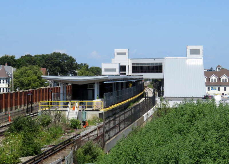 Wollaston station near the completion of reconstruction in July 2019