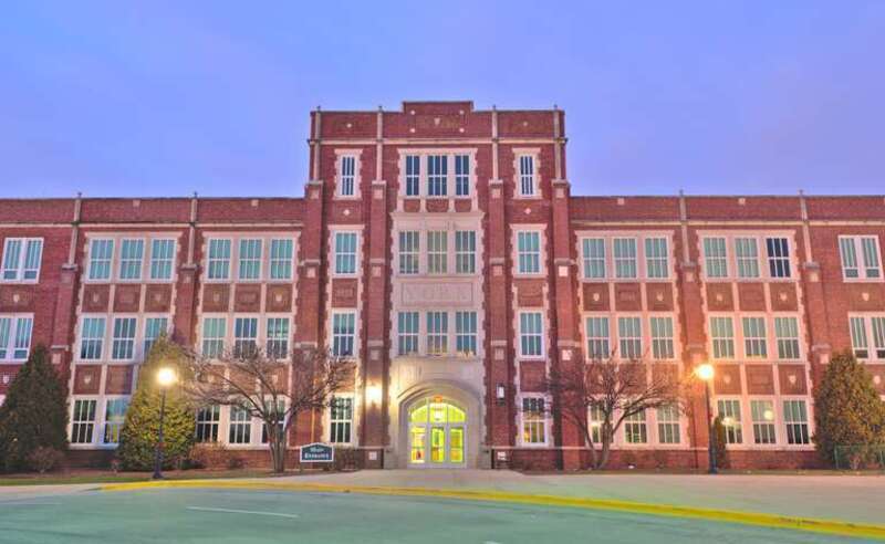 Main entrance to York Community High School in Elmhurst, IL