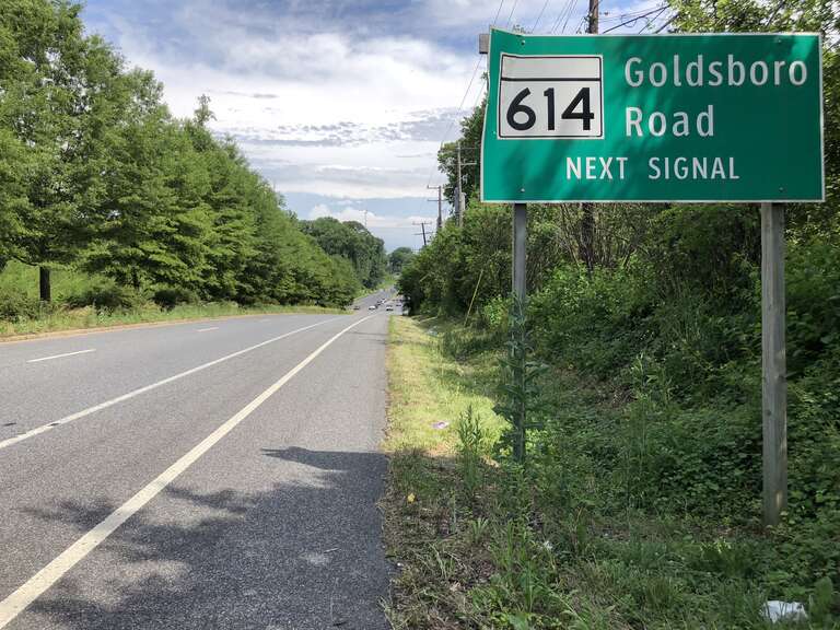 View east along Maryland State Route 190 (River Road) just west of Maryland State Route 614 (Goldsboro Road) in Bethesda, Montgomery County, Maryland
