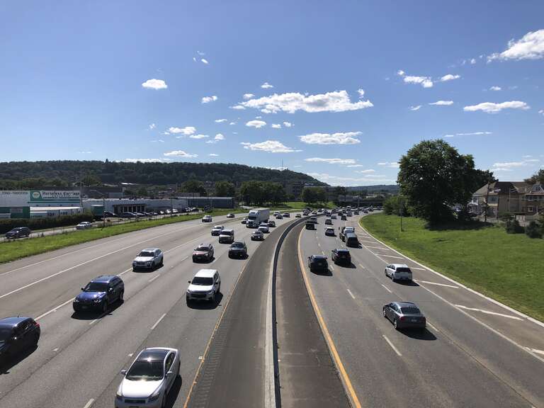 View west along Interstate 80 (Bergen-Passaic Expressway) from the pedestrian overpass between East 24th Street and Pennsylvania Avenue in Paterson, Passaic County, New Jersey