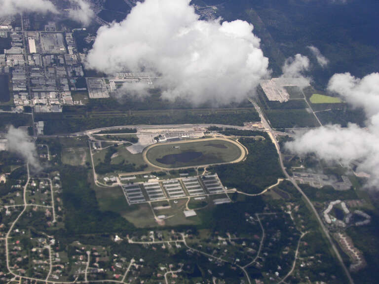Aerial view of Tampa Bay Downs racetrack in Westchase, Florida from the east.