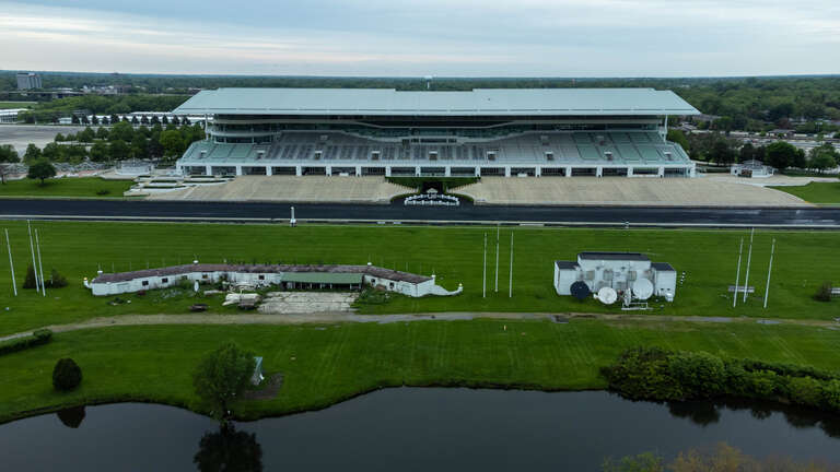 An aerial view of the grandstand at Arlington International Racecourse in Arlington Heights, Illinois in May 2022.