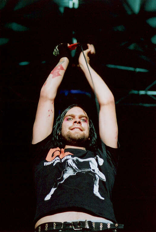Bert McCracken, lead singer of the American rock band The Used, performing at Street Scene in San Diego, California on July 30, 2005.