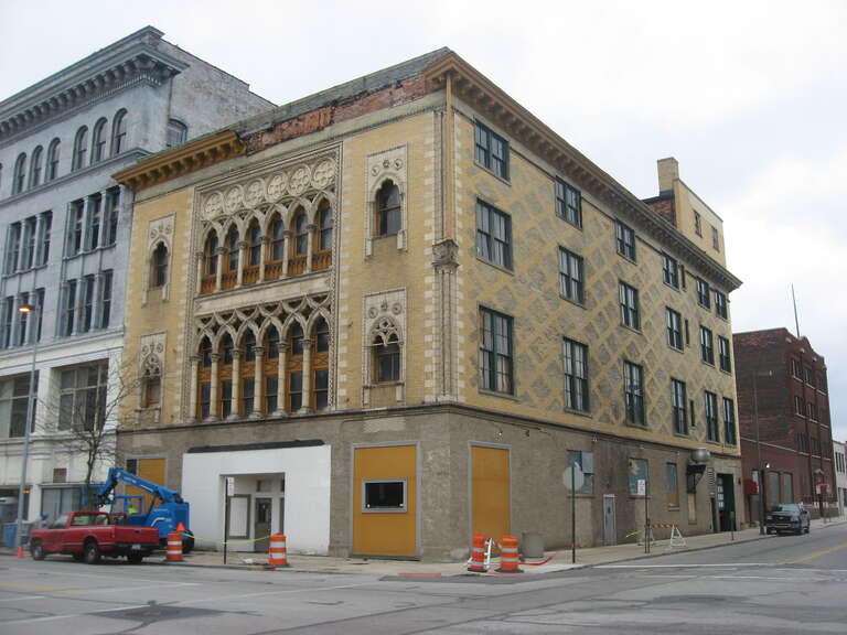 Front and western side of Burt's Theater, located at 719-723 Jefferson Avenue in Toledo, Ohio, United States.  Built in 1897, it is listed on the National Register of Historic Places.