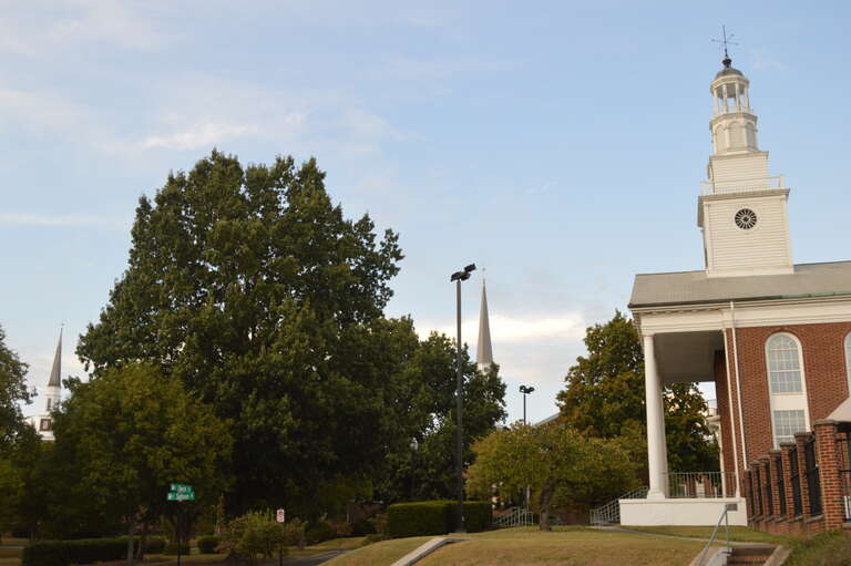 Looking north on Church Circle from Sullivan Street in central Kingsport, Tennessee, United States.  All three churches here (from right to left: the former First Methodist Church; Broad Street Methodist Church; and First Presbyterian Church) are