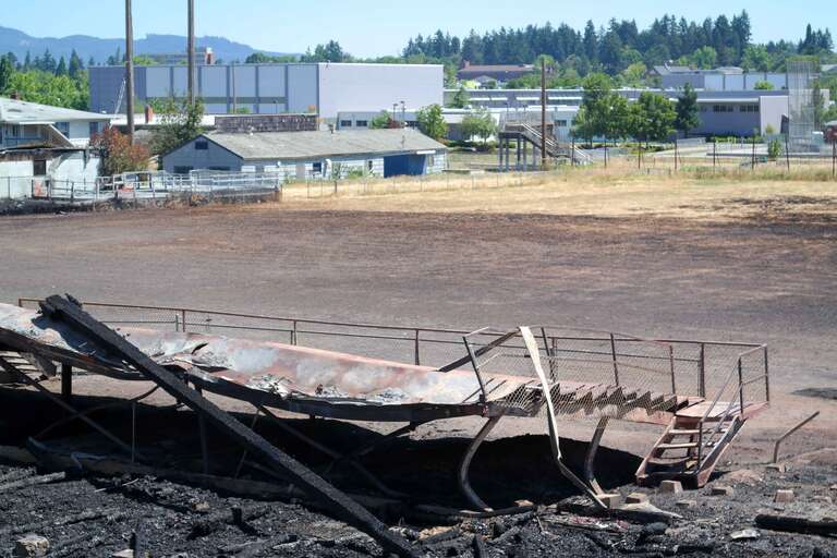 The remains of Civic Stadium in Eugene, Oregon, after it was destroyed by fire.