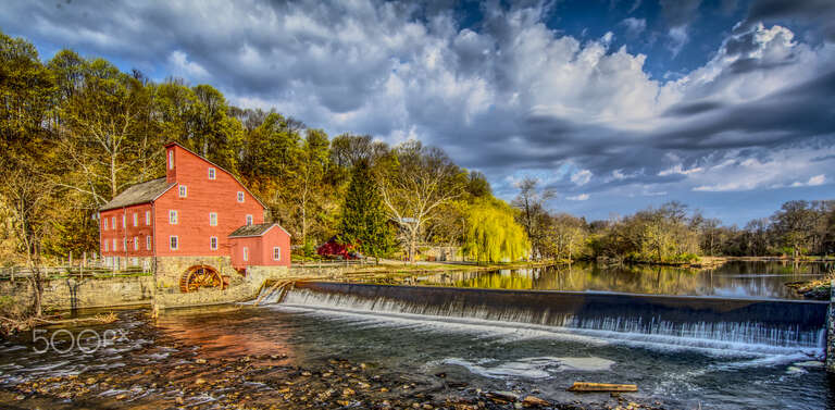 500px provided description: Sunrise over the Clinton, New Jersey landmark [#water ,#water wheel ,#old barn ,#USA ,#Fishing ,#New Jersey ,#Clinton]