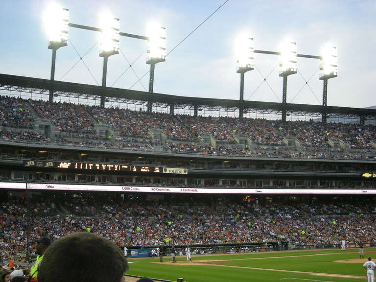 Seating along the third base line during the Cleveland Indians vs. Detroit Tigers baseball game at Comerica Park in Detroit, Michigan (United States).