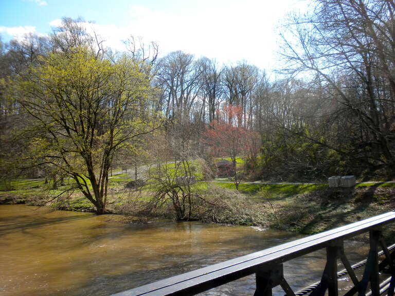 View from the suspension bridge near the Augustine Cut-off in Brandywine Park, Wilmington, Delaware, looking south (right side of creek is &quot;west bank&quot;).  This is within 100 yards of the NRHP site of &quot;Continental Army Encampment Site&quot; listed since