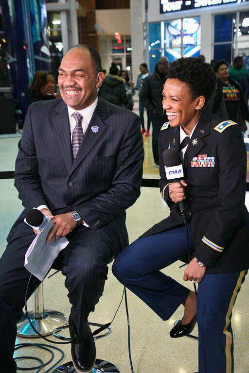 Lt. Col. Creyonta West is interviewed by Stan Lewter for Aspire TV. The 75th annual CIAA basketball tournament was held on February 25-29 at the Spectrum Center Arena in Charlotte, N.C. | Photo by Staff Sergeant Fredrick Briley, U.S. Army Recruiting