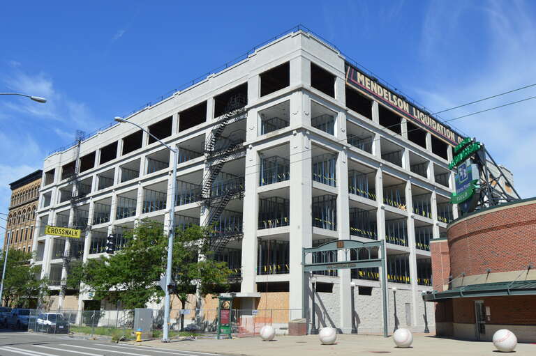 Front and eastern side of the Delco Building (previously a warehouse, being converted into apartments), located at 329 E. First Street (State Route 4) in downtown Dayton, Ohio, United States.  Built in 1915, it is listed on the National Register of