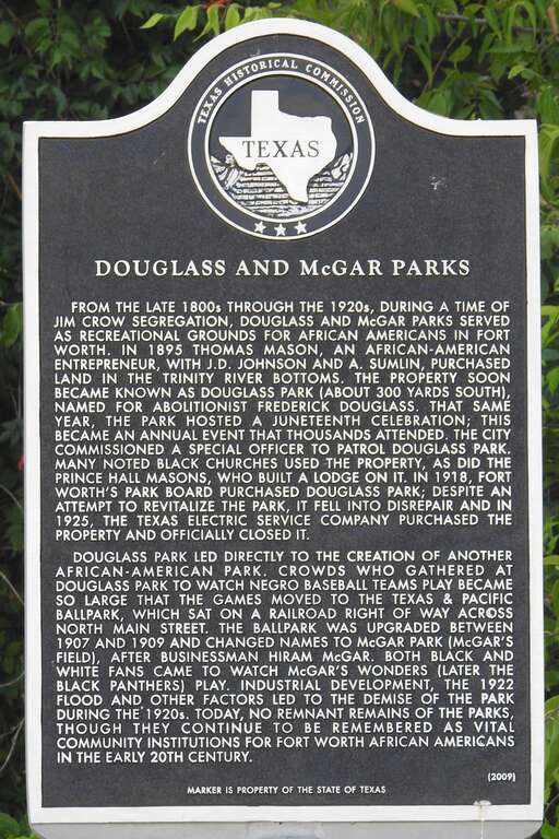 From the late 1800's, through the 1920's, during a time of Jim Crow segregation, Douglass and McGar parks served as recreational grounds for African Americans in Fort Worth. In 1895 Thomas Mason, an African-American entrepreneur, with J.D. Johnson