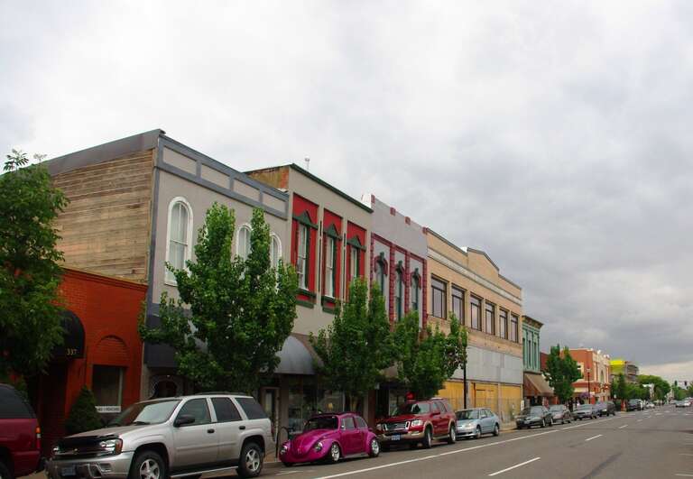 Downtown street in Albany, Oregon, USA.