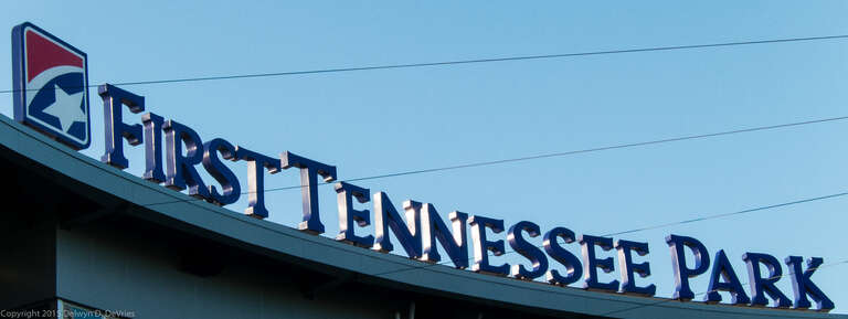 The grandstand sign at First Tennessee Park, Nashville Sounds vs the Iowa Cubs on a beautiful July evening.