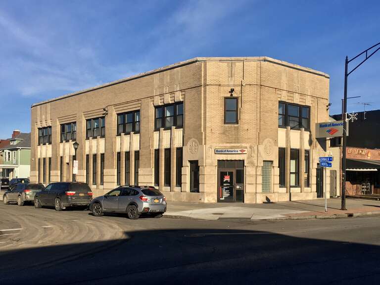 Former Liberty Bank branch at 1452 Hertel Avenue (corner Norwalk Avenue), Buffalo, New York, December 2019. This is the only bank in Buffalo designed by Dietel &amp;amp; Wade that's still in use as such: it's now a Bank of America branch.