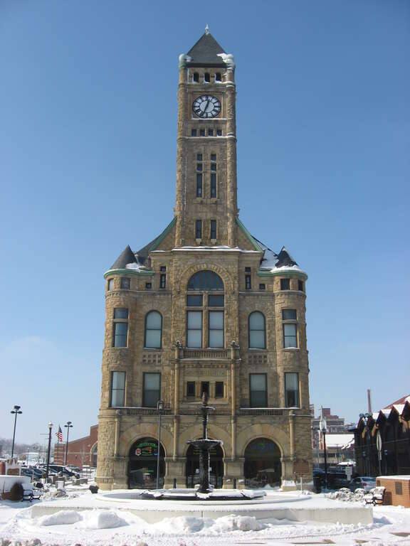 Eastern front of the former municipal building (now the Clark County Heritage Center) in Springfield, Ohio, United States, located at 117 S. Fountain Avenue.  Built in 1888, it is listed on the National Register of Historic Places.