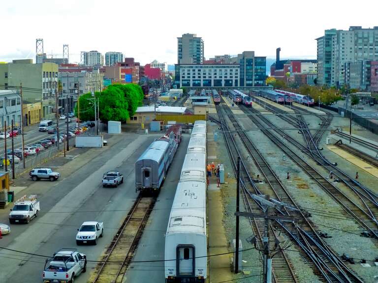 Fourth and King station and the railyard viewed from a highway ramp in October 2015