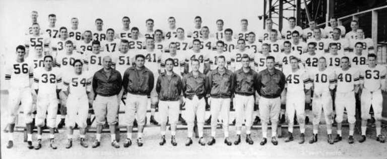 Local call number: PR76050
Title: Group portrait of the Florida State University football team: Tallahassee, Florida
Date: 1955
General note: Front row: #56 Tom Feamster at left and third from left is #54 Al Pacifico. Second row: fourth from the