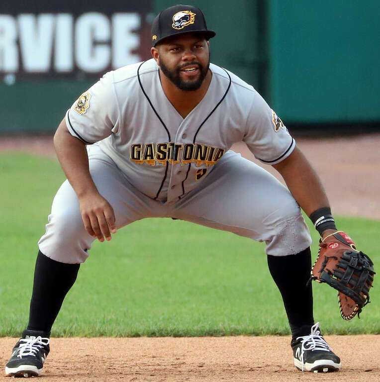 Jason Rogers playing first base for the Gastonia Honey Hunterys during a game at Clipper Magazine Stadium, Lancaster, PA, July 10, 2021.