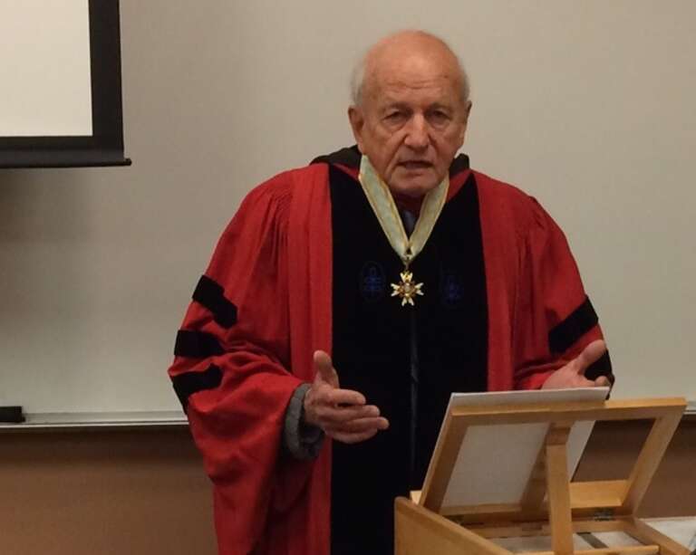 Photograph of John Curtis Perry, at The Fletcher School of Law and Diplomacy, in Medford, Massachusetts, on December 8, 2014, during his lecture of the Maritime History and Globalization course.
In the picture, Perry is imparting his last lecture