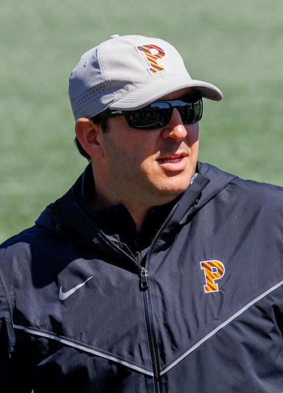 Matt Madalon, Princeton Lacrosse coach. April 2, 2022: Princeton Tigers v Brown Bears. Princeton won, 17-9.