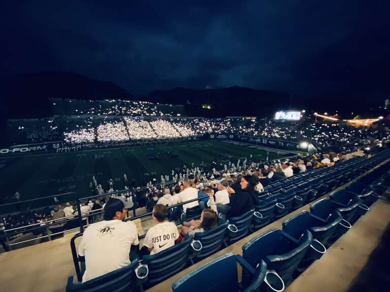 Maverik Stadium during a power outage following thunderstorms, prior to kickoff of a game against North Dakota. September 10, 2021.