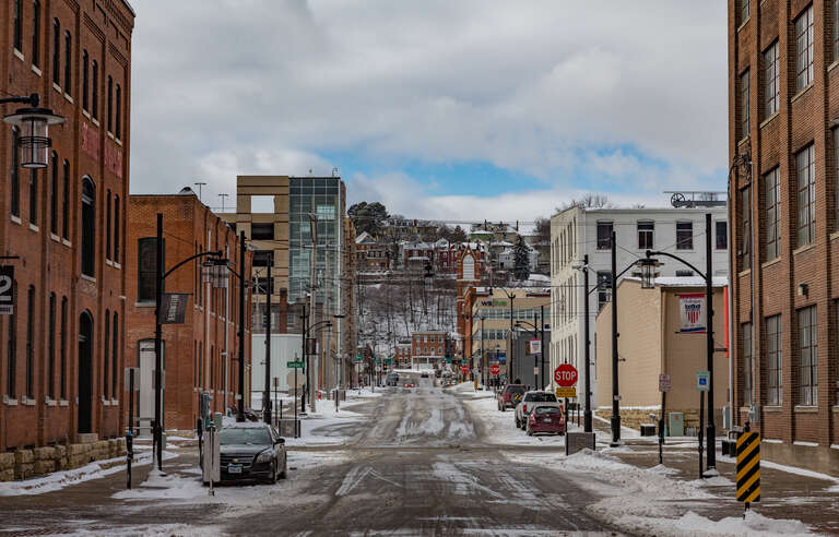 9th and Washington in winter the city of Dubuque, Iowa.