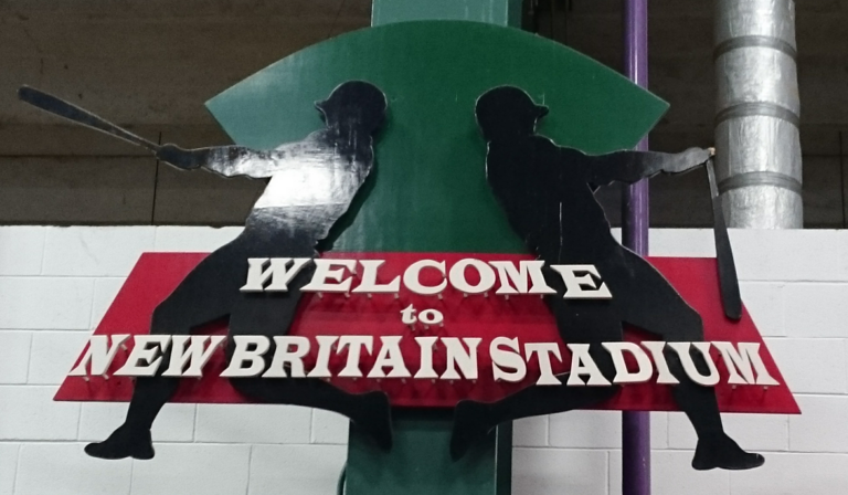 Welcome sign inside main entrance to New Britain Stadium, New Britain, Connecticut